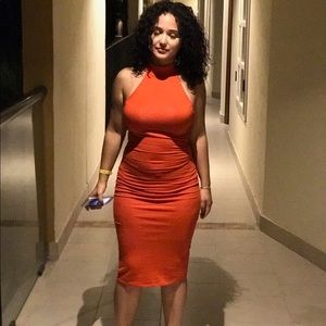 Orange mock neck bodycon midi